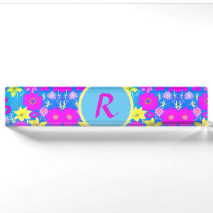 Pink blue yellow flower pattern background add nam nameplate