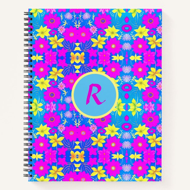 Pink blue yellow flower pattern background add nam notebook (Front)