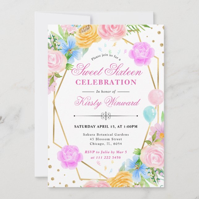 Pink Blue Yellow Flowers Gold Frame Sweet 16 Invitation (Front)