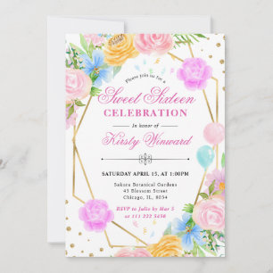 Pink Blue Yellow Flowers Gold Frame Sweet 16 Invitation