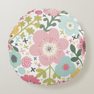 Pink Blue Yellow Flowers Modern Floral  Round Cushion