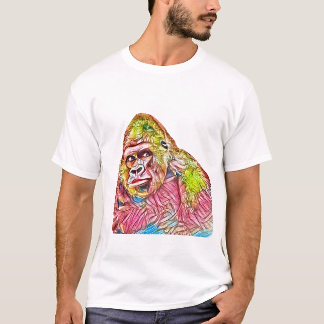 Pink Blue Yellow Gorilla Painting T-Shirt (Front)