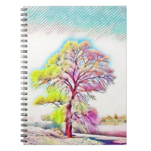 Pink, blue, yellow green painting of a Snowed Tree Notebook