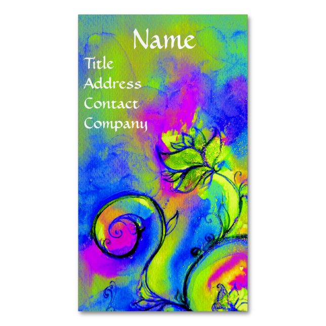 PINK BLUE YELLOW GREEN WHIMSICAL FLOWERS 	Magnetic BUSINESS CARD (Front Vertical)