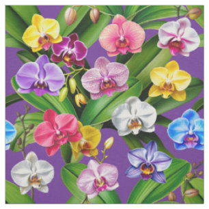 Pink Blue Yellow Lilac Green Orchid Flowers Fabric