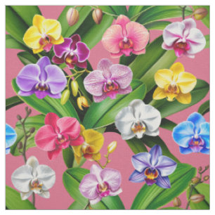 Pink Blue Yellow Lilac Green Orchid Flowers Fabric