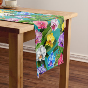 Pink Blue Yellow Lilac Green Orchid Flowers Short Table Runner