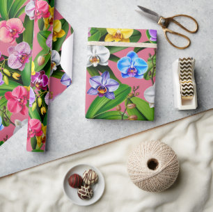 Pink Blue Yellow Lilac Green Orchid Flowers Wrapping Paper