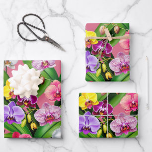 Pink Blue Yellow Lilac Green Orchid Flowers Wrapping Paper Sheet