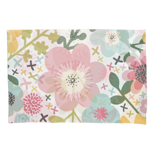 Pink Blue Yellow Modern Floral  Pillowcase (Front)