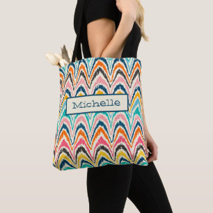 Pink Blue Yellow Monogram Flame Stitch Pattern   Tote Bag