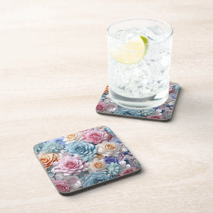PINK BLUE YELLOW PASTEL DIMENSIONAL PRETTY FLOWERS COASTER