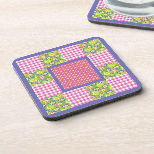 Pink, Blue, Yellow Primroses, Polka Dots, Gingham Coaster (Left Side)