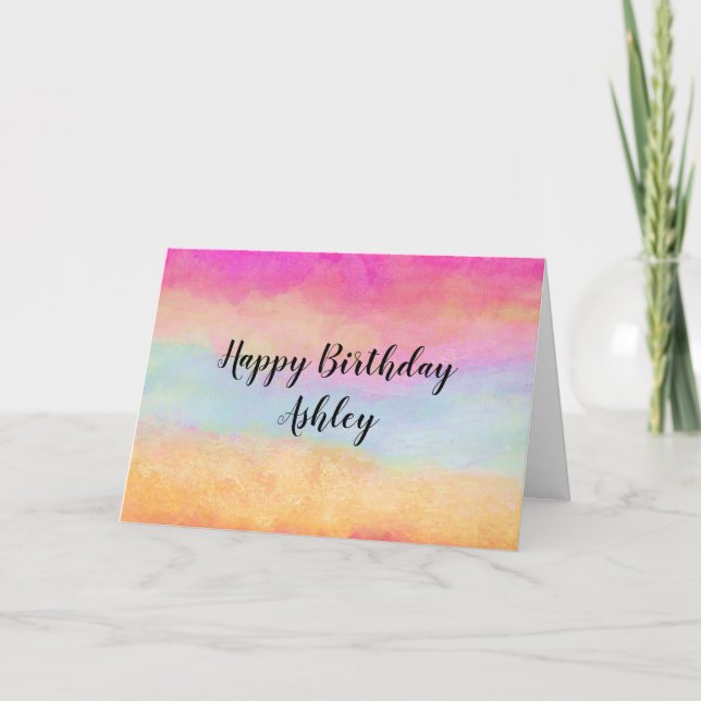 Pink Blue Yellow Rainbow Abstract Stripes Birthday Card (Front)