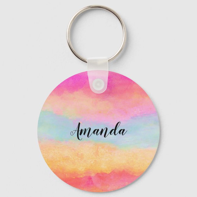 Pink Blue Yellow Rainbow Abstract Stripes Key Ring (Front)