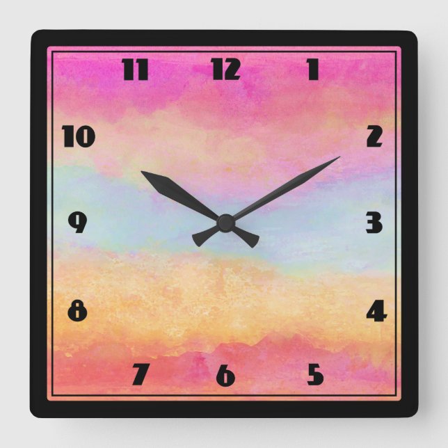 Pink Blue Yellow Rainbow Abstract Stripes Square Wall Clock (Front)