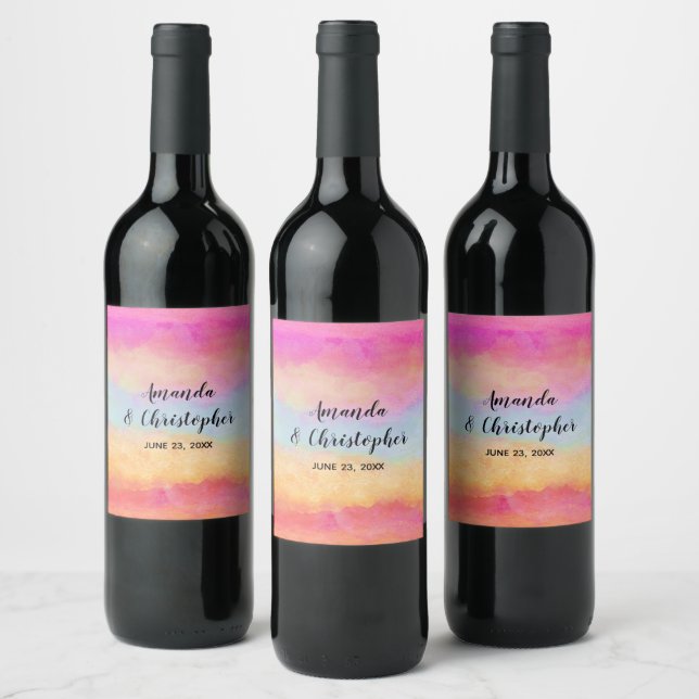 Pink Blue Yellow Rainbow Abstract Stripes Wedding Wine Label (Bottles)