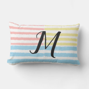 Pink Blue Yellow Stripes Monogram Lumbar Cushion