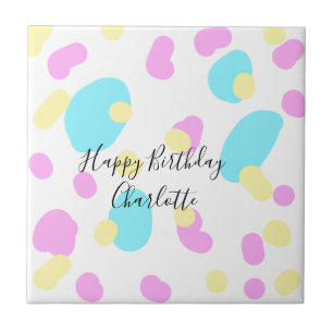 Pink blue yellowhappy birthday kids shapes abstrac ceramic tile