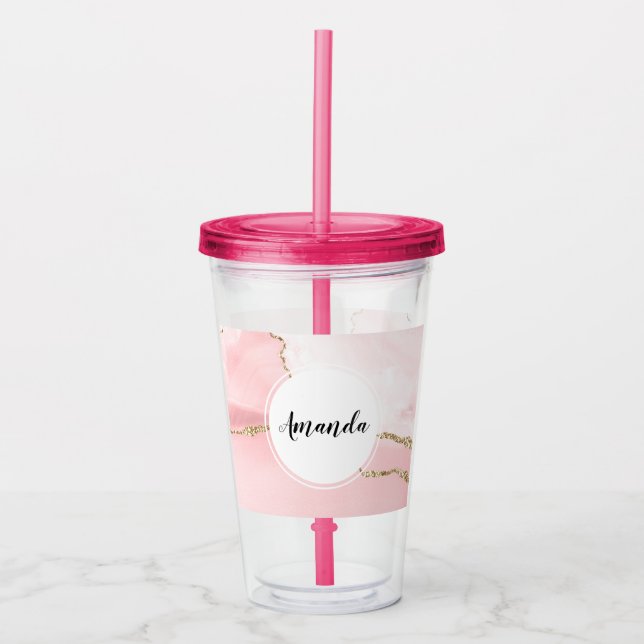 Pink Blush Agate with Gold Ribbon Elegant Acrylic Tumbler (Front)