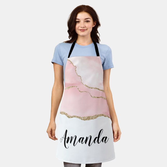 Pink Blush Agate with Gold Ribbon Elegant Apron (Worn)