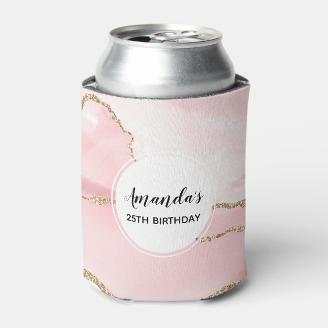 Pink Blush Agate with Gold Ribbon Elegant Birthday Can Cooler (Can Front)