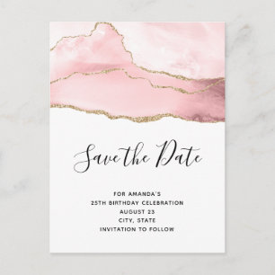 Pink Blush Agate with Gold Ribbon Elegant Birthday Invitation Postcard