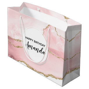 Pink Blush Agate with Gold Ribbon Elegant Birthday Large Gift Bag