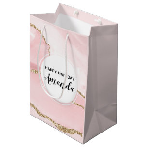 Pink Blush Agate with Gold Ribbon Elegant Birthday Medium Gift Bag