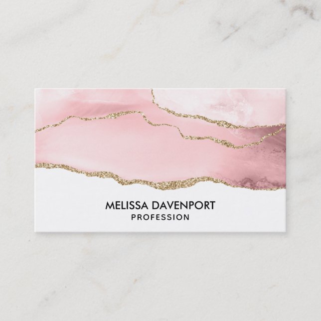 Pink Blush Agate with Gold Ribbon Elegant Business Card (Front)