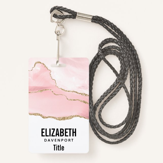 Pink Blush Agate with Gold Ribbon Elegant ID Badge (Front with Lanyard)