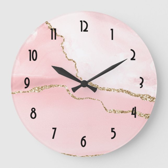 Pink Blush Agate with Gold Ribbon Elegant Large Clock (Front)