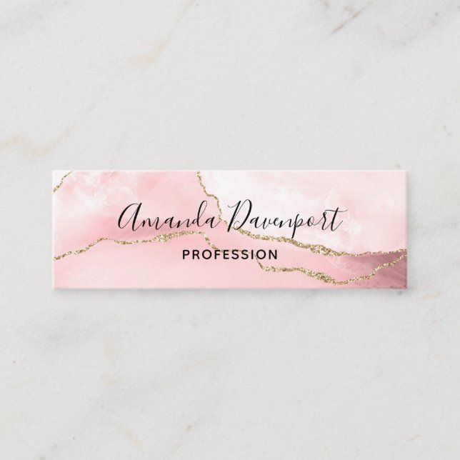 Pink Blush Agate with Gold Ribbon Elegant Mini Business Card (Front)