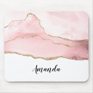 Pink Blush Agate with Gold Ribbon Elegant Mouse Pad