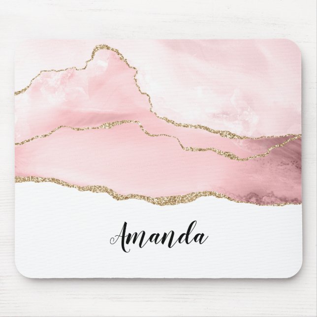 Pink Blush Agate with Gold Ribbon Elegant Mouse Pad (Front)