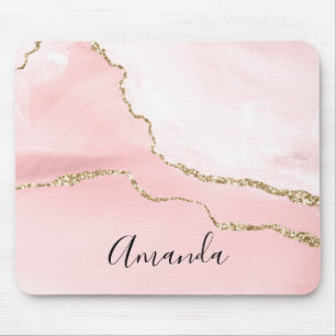 Pink Blush Agate with Gold Ribbon Elegant Mouse Pad
