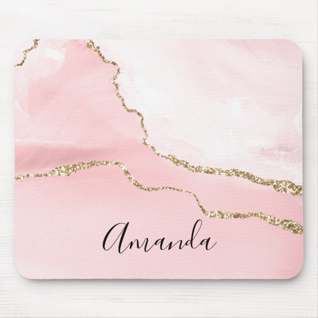 Pink Blush Agate with Gold Ribbon Elegant Mouse Pad (Front)