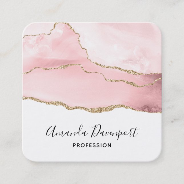 Pink Blush Agate with Gold Ribbon Elegant Square Business Card (Front)