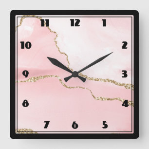 Pink Blush Agate with Gold Ribbon Elegant Square Wall Clock