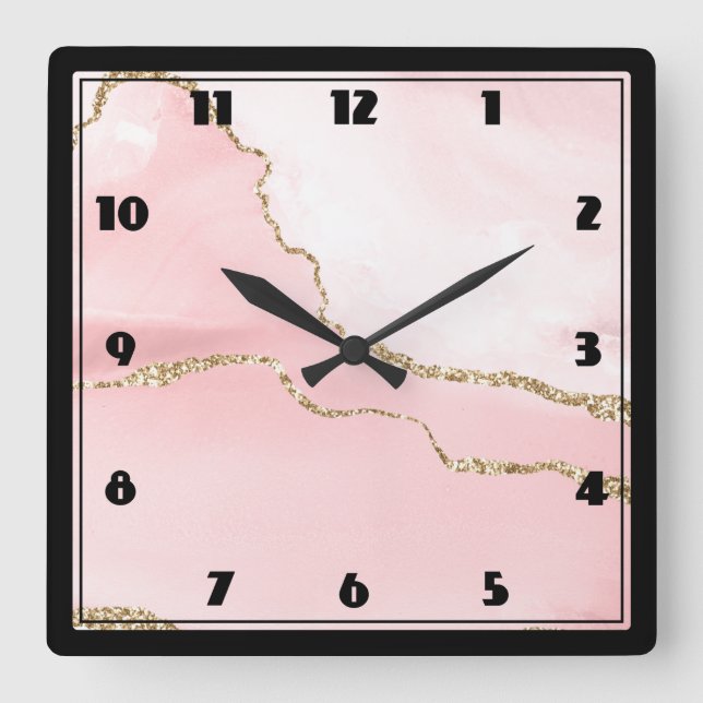 Pink Blush Agate with Gold Ribbon Elegant Square Wall Clock (Front)