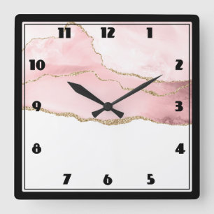 Pink Blush Agate with Gold Ribbon Elegant Square Wall Clock