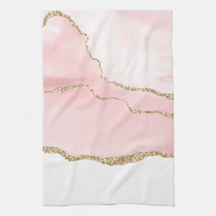 Pink Blush Agate with Gold Ribbon Elegant Tea Towel