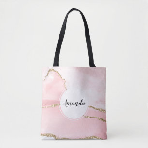 Pink Blush Agate with Gold Ribbon Elegant Tote Bag