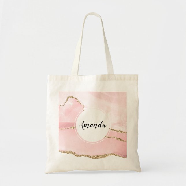 Pink Blush Agate with Gold Ribbon Elegant Tote Bag (Front)