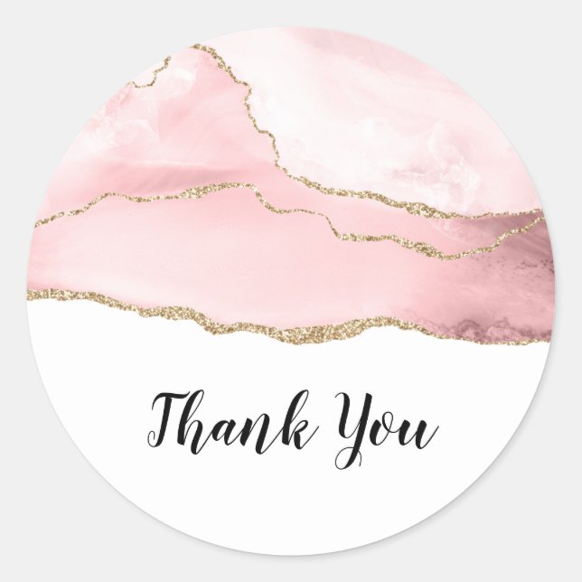 Pink Blush Agate with Gold Ribbon Thank You Classic Round Sticker (Front)