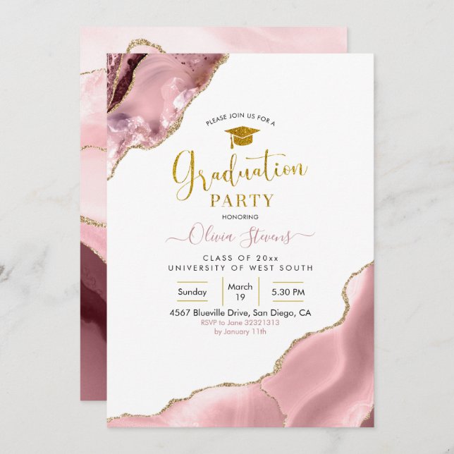 Pink Blush and Gold Agate Graduation Party Invitation (Front/Back)