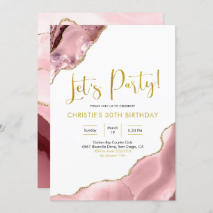 Pink Blush and Gold Agate Let's Party Invitation