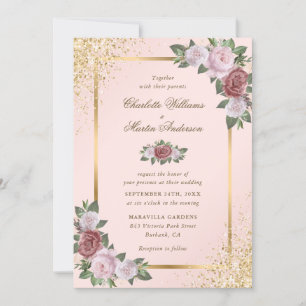 Pink Blush and Gold Confetti Floral Wedding Invitation