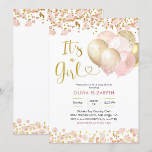 Pink Blush Balloon It's a Girl Baby Shower Invitation