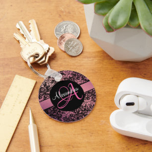 Pink Blush Black Moody Floral Monogram Key Ring